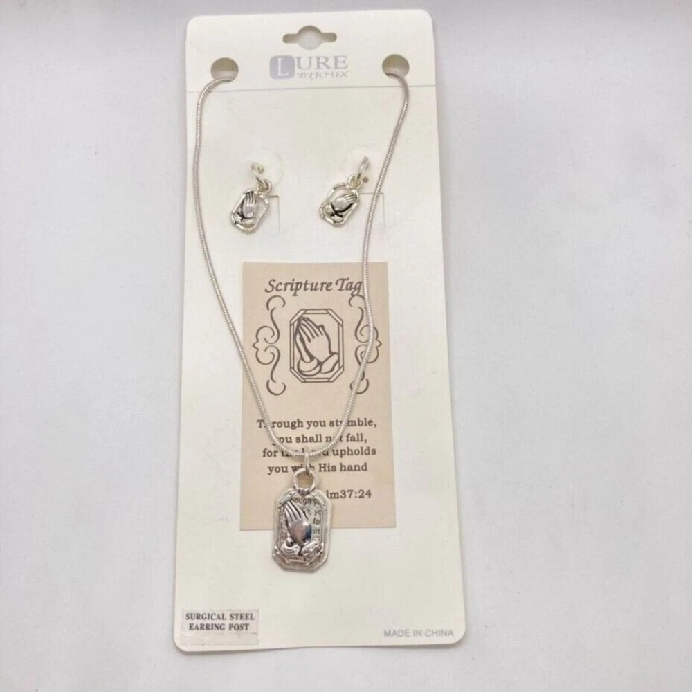 Lure Bijoux Praying Hands Scripture Tag Necklace & Earring‎ Set Silver Tone